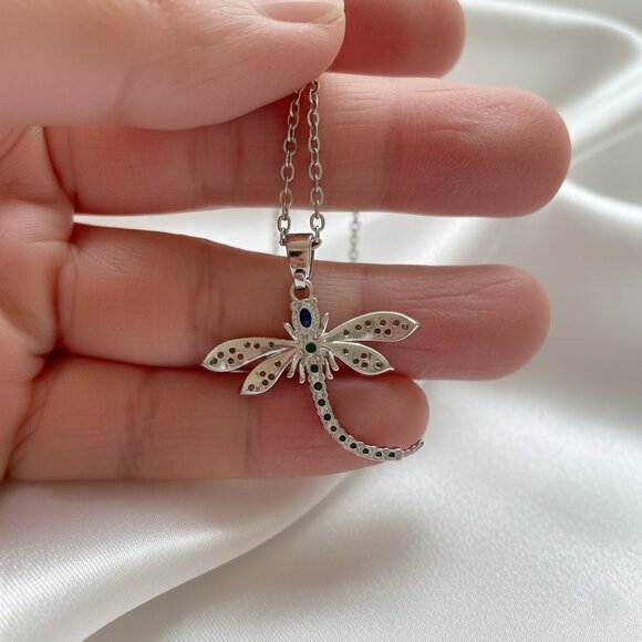 Dragonfly Insect Blue Green Clear CZ Silver Sparkly Fashion Pendant Necklace - Picture 4 of 8